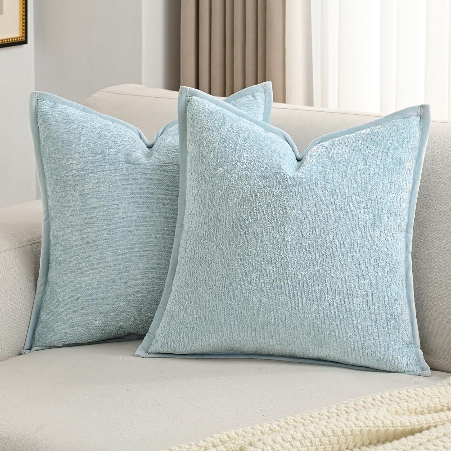 FUTEI Light Blue Chenille Throw Pillow Covers for Cozy Decor
