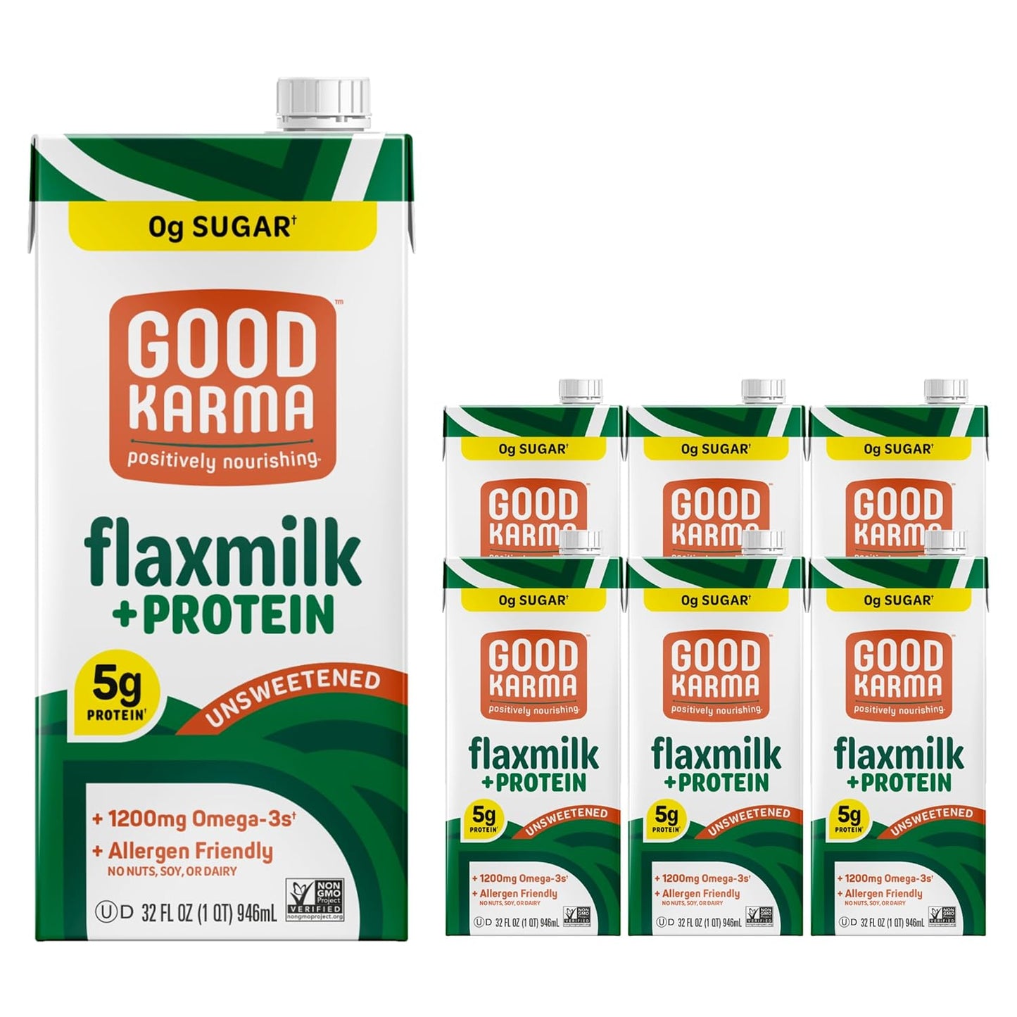 Good Karma Unsweetened Flaxmilk +Protein, 32 Ounce Pack of 6
