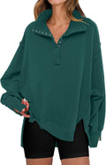 Oversized Button Up Henley Sweatshirt - Casual High Low Split