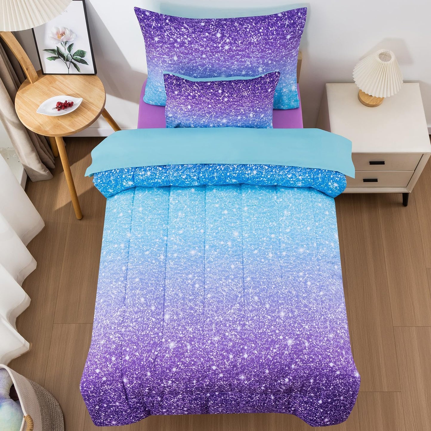 Toddler Bedding Sets for Girls - 5 Piece Blue Purple Comforter