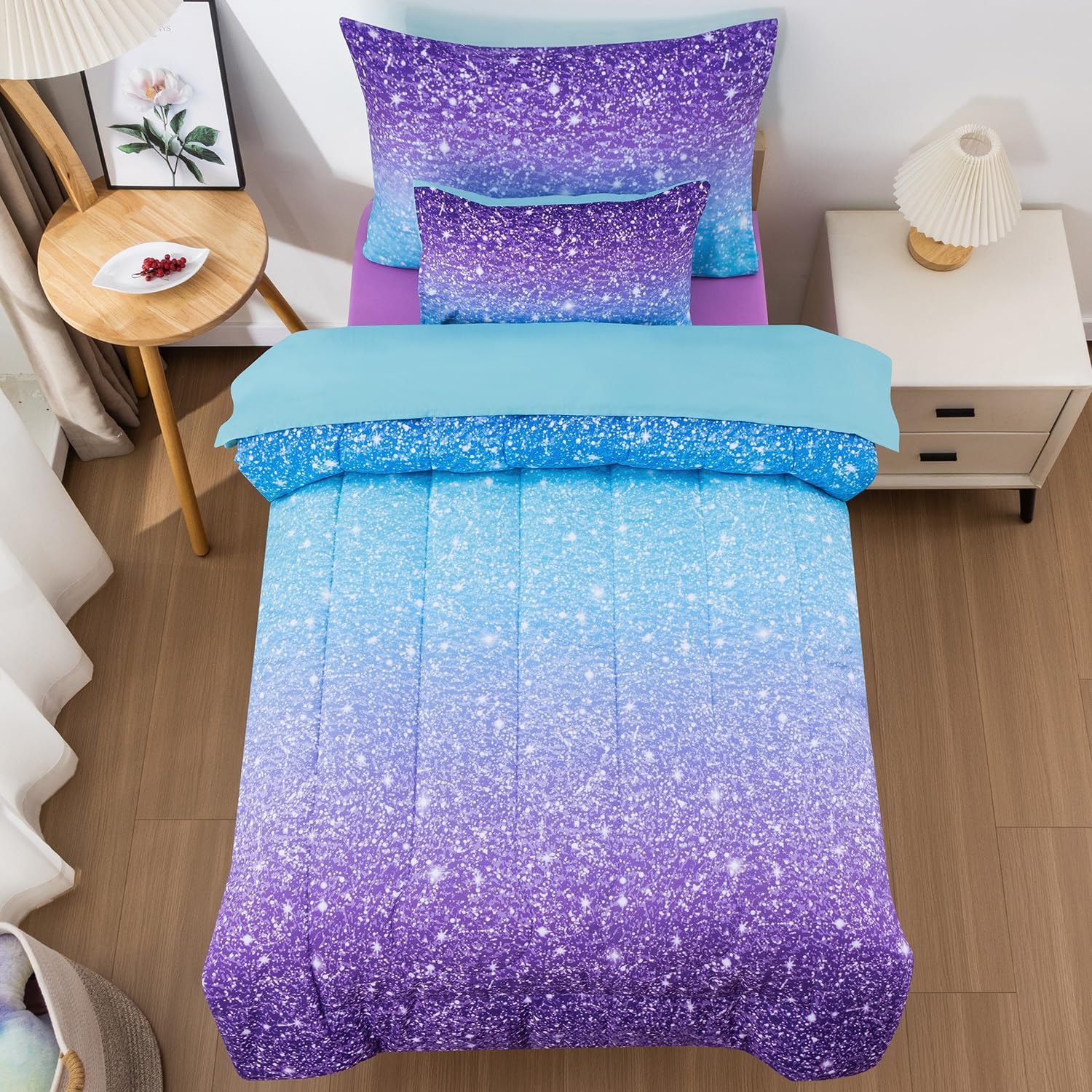 Toddler Bedding Sets for Girls - 5 Piece Blue Purple Comforter