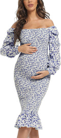 Spring Long Puff Sleeve Maternity Dress with Floral Ruffle Hem