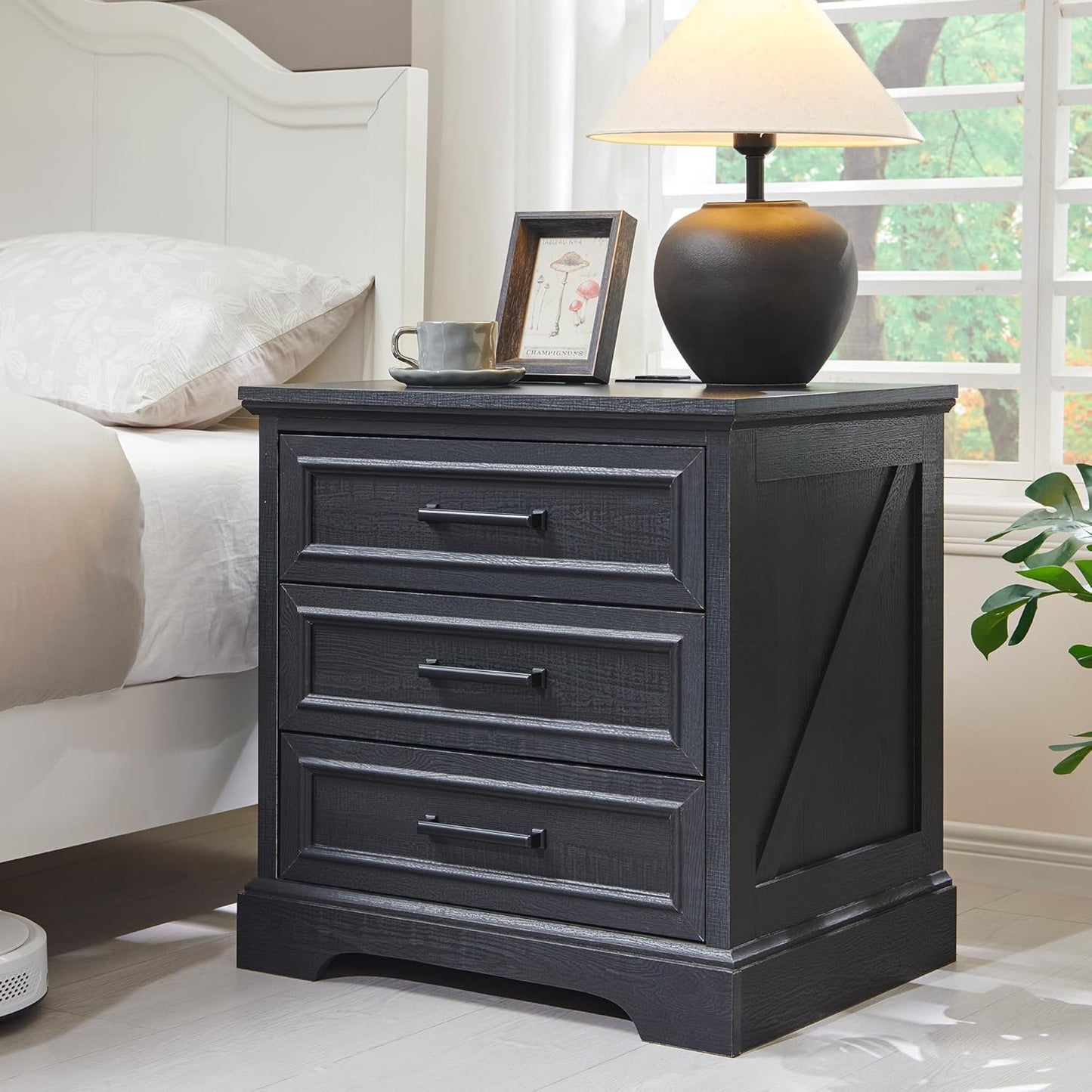 ACCOHOHO Farmhouse Nightstand with Charging Station and Drawers