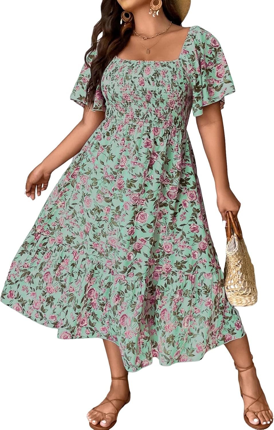 Floerns Women's Plus Size Floral Print Midi Dress for Summer