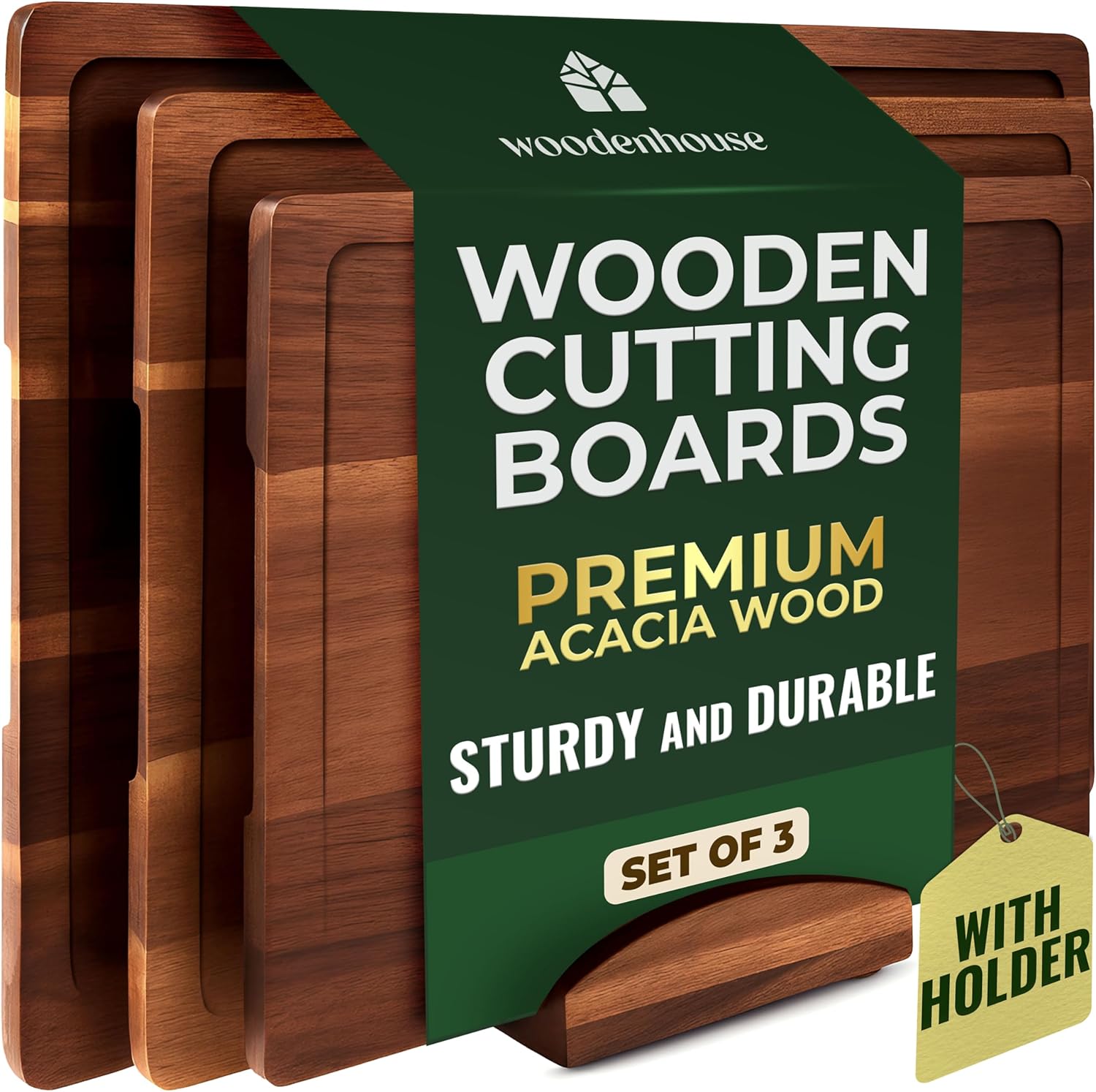 Acacia Wood Cutting Board Set of 3 with Holder for Kitchen