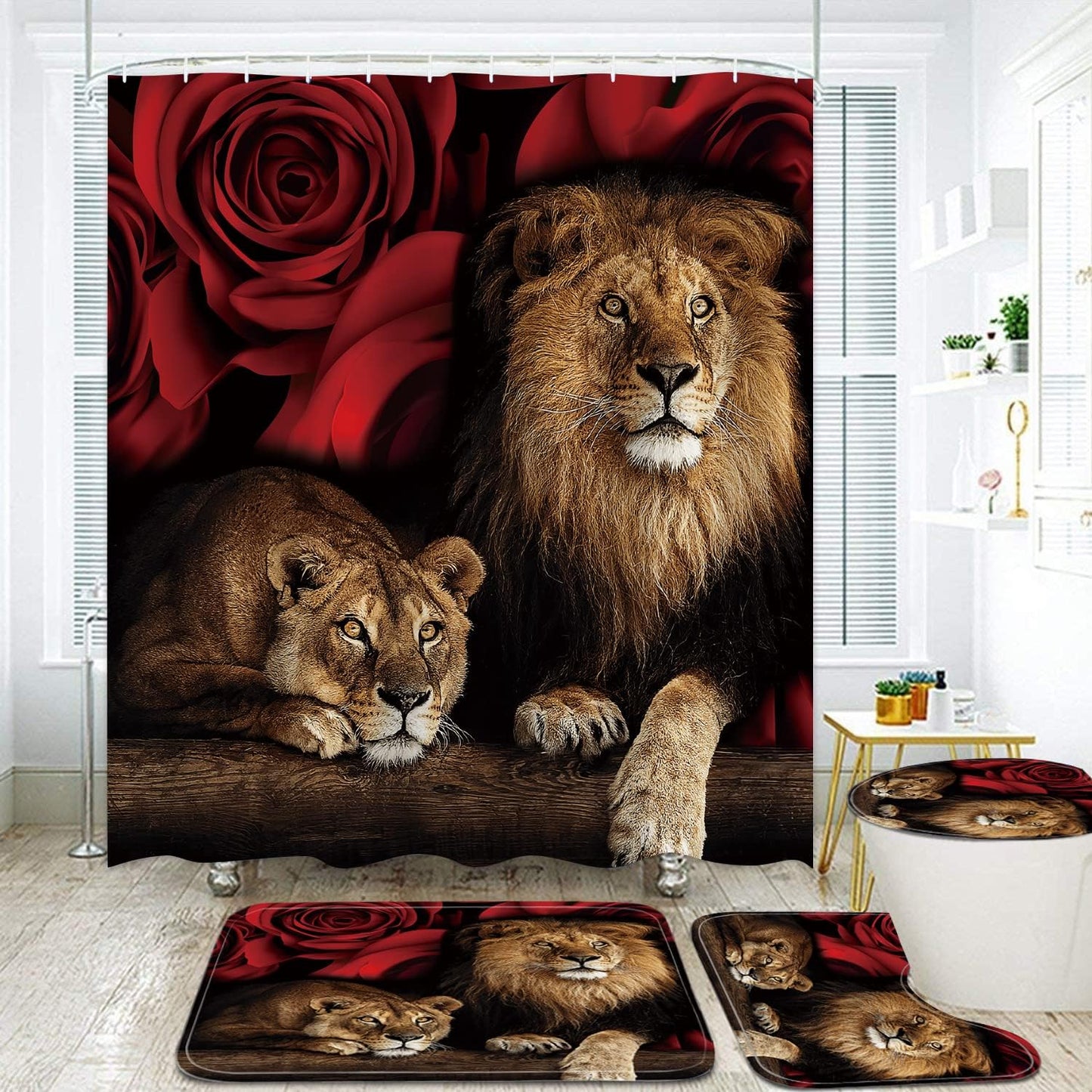 Red Rose & Lion Bathroom Set with 12 Hooks