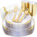 Clear Gold Plastic Plates Dinnerware Set for 25 Guests - Elegant