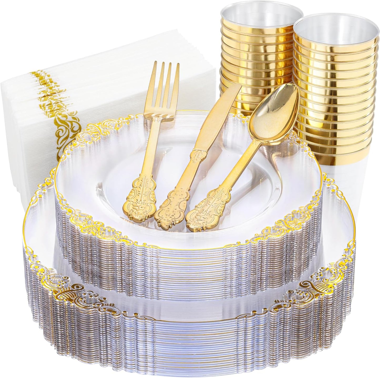 175PCS Clear Gold Plastic Plates Set for Elegant Celebrations