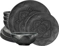 bzyoo 12 Piece Black Melamine Dinnerware Set - Durable 4-Person Set