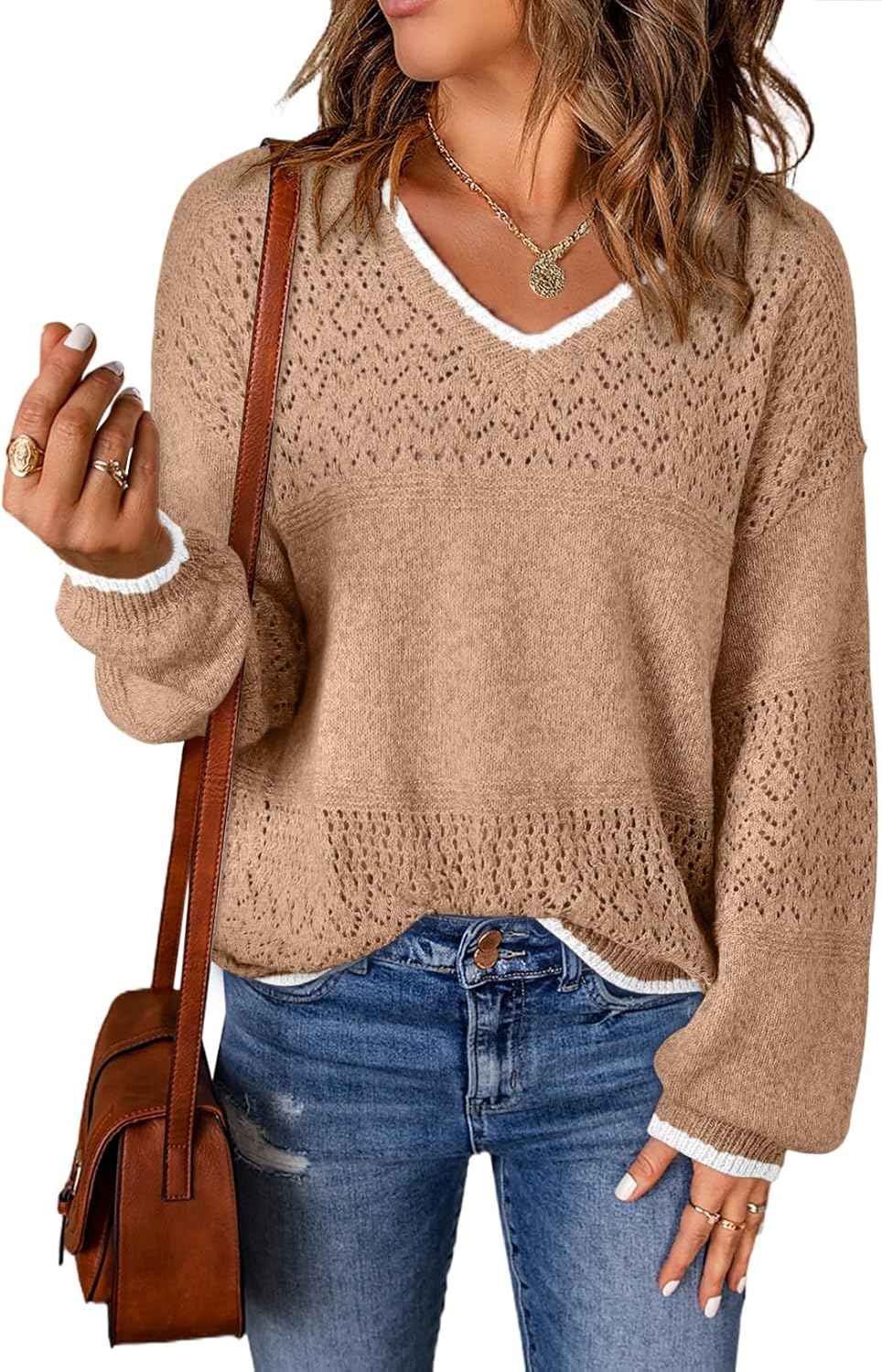 SHEWIN Women's Casual Long Sleeve V Neck Crochet Sweater Tops