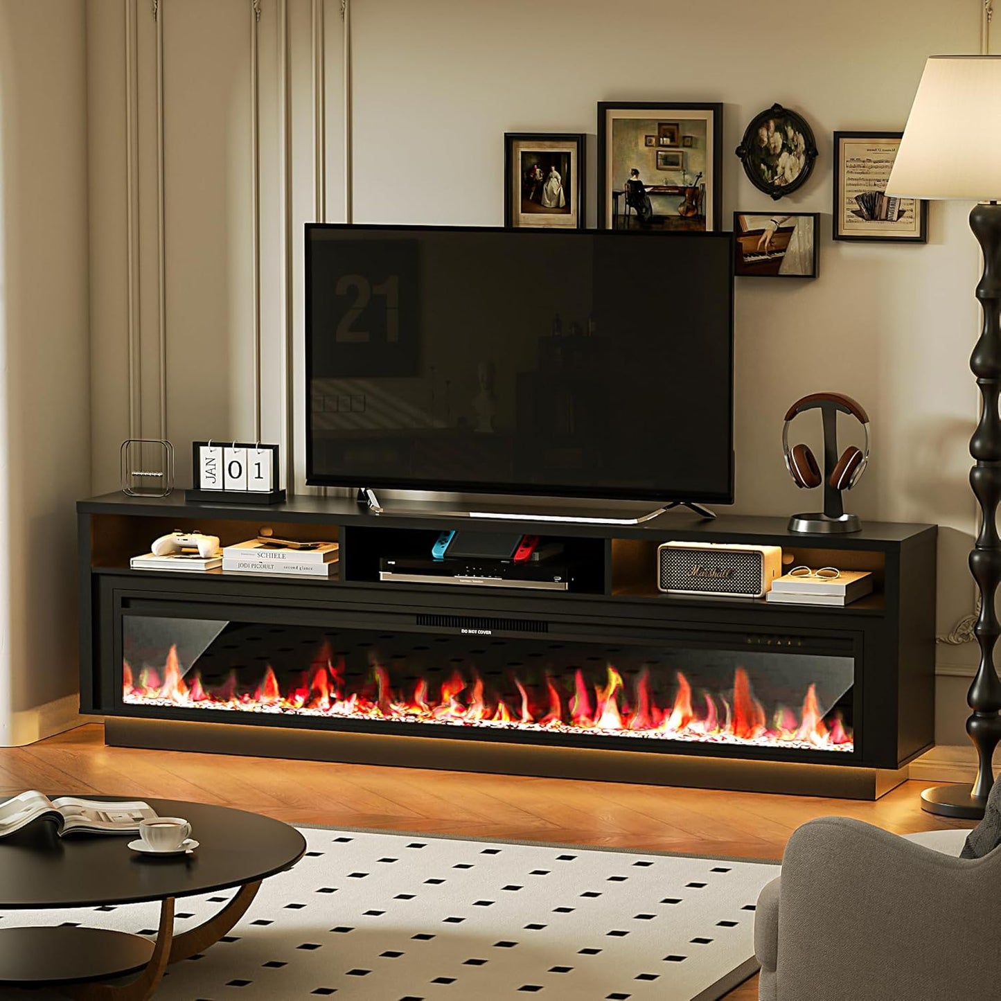 Modern AHB TV Stand w/ 64 Fireplace, App Control & Storage