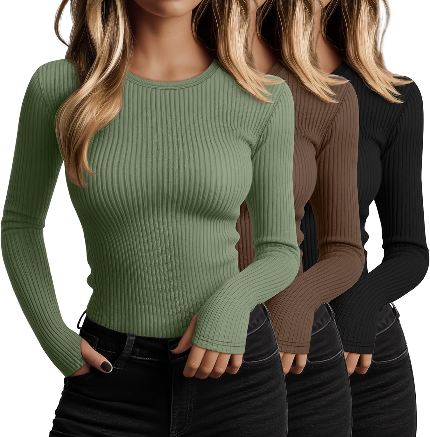 Huukeay Women's Cotton Ribbed Long Sleeve Tops with Thumb Holes