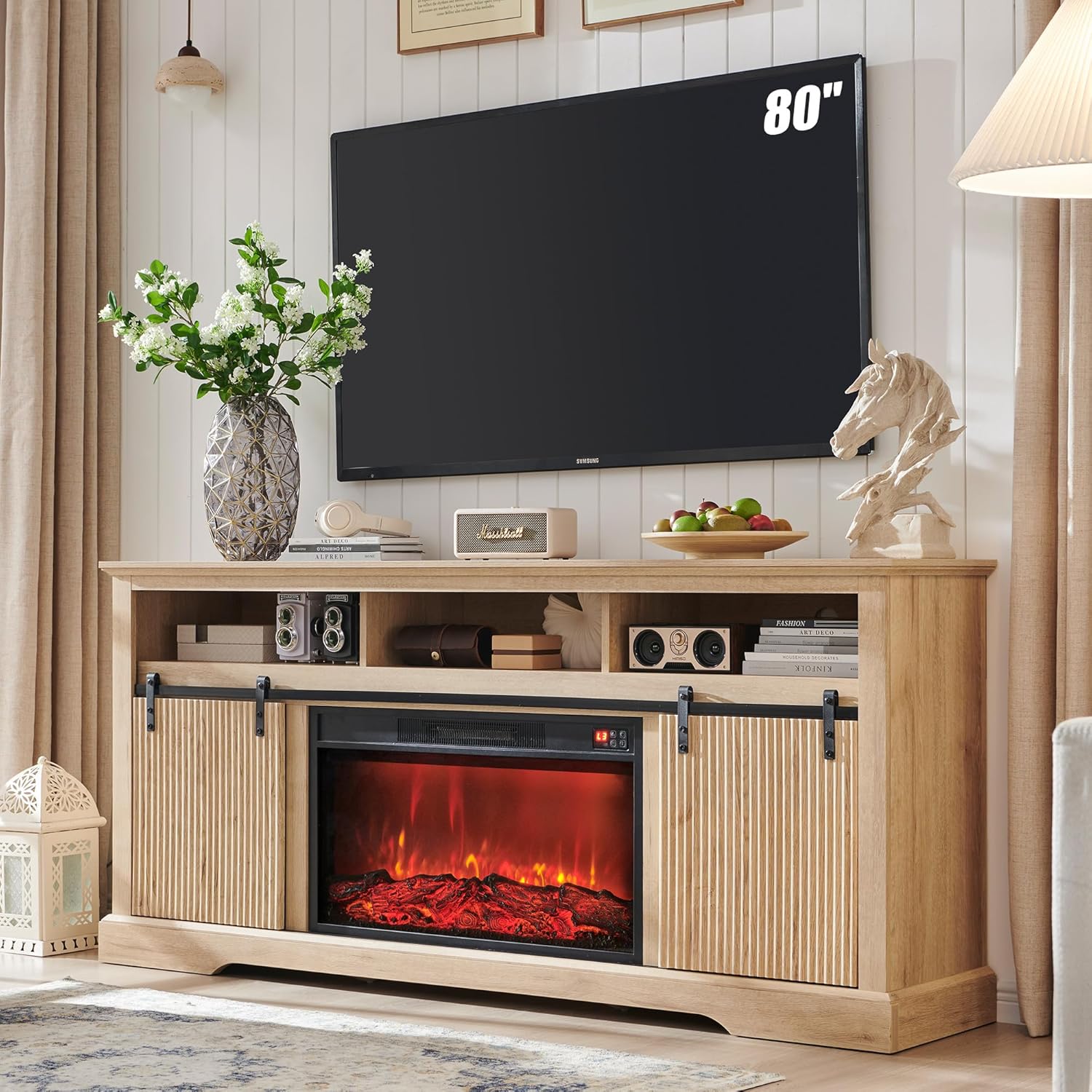 Modern Fluted Fireplace TV Stand - 80 TV, Electric Fireplace, Sliding Door