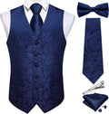 Men's Silk Paisley Vest and Necktie Set - 6PCS Blue Formal Waistcoat