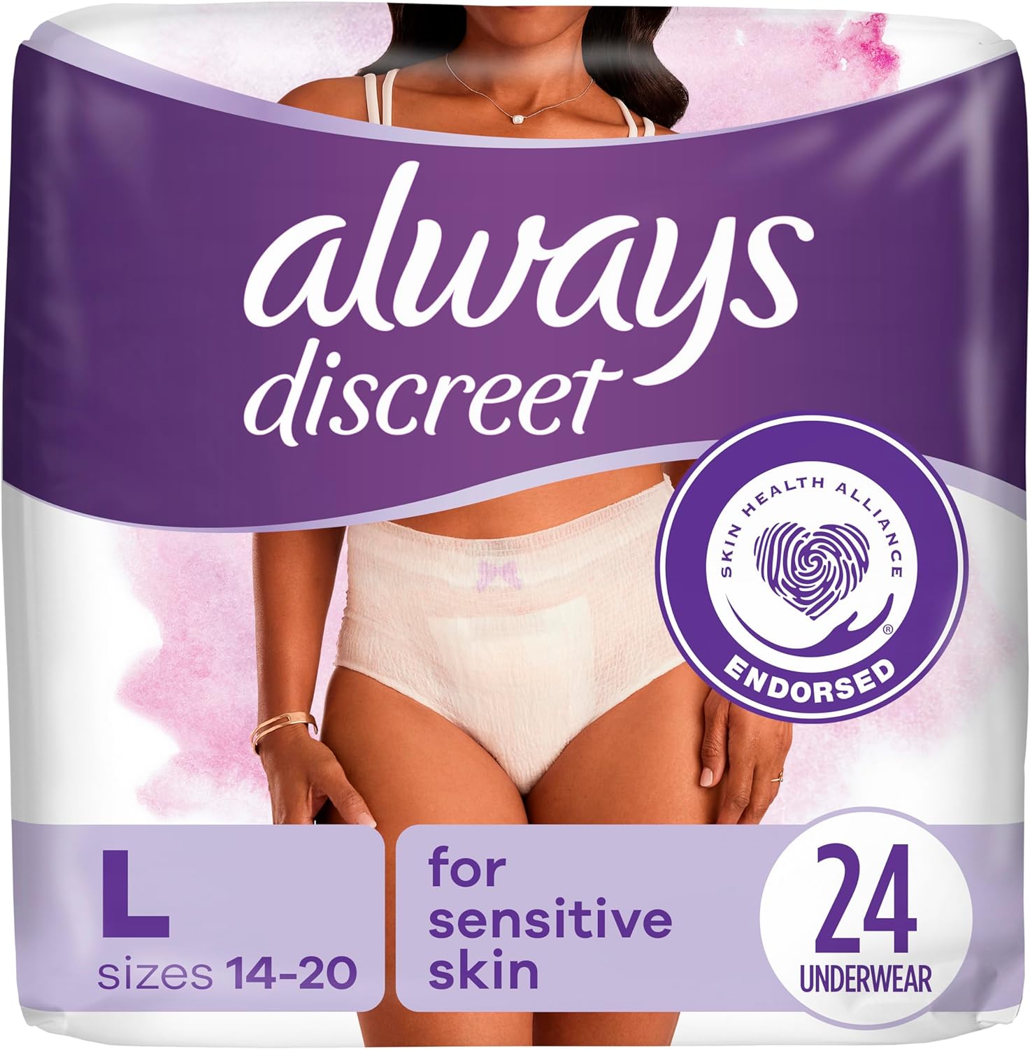 Always Discreet Sensitive Incontinence & Postpartum Underwear - Max Protection,Large, 24ct