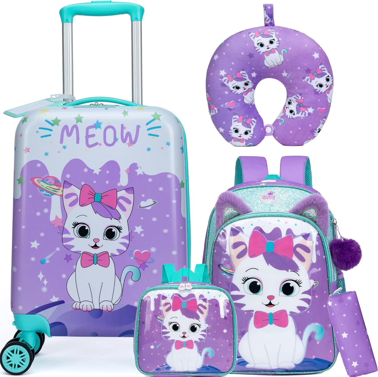 Cute Cat Kids Luggage Set 5 Piece Suitcase for Travel Fun