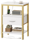 Nightstand with Charging Station and Fabric Drawer - Compact 3-Tier