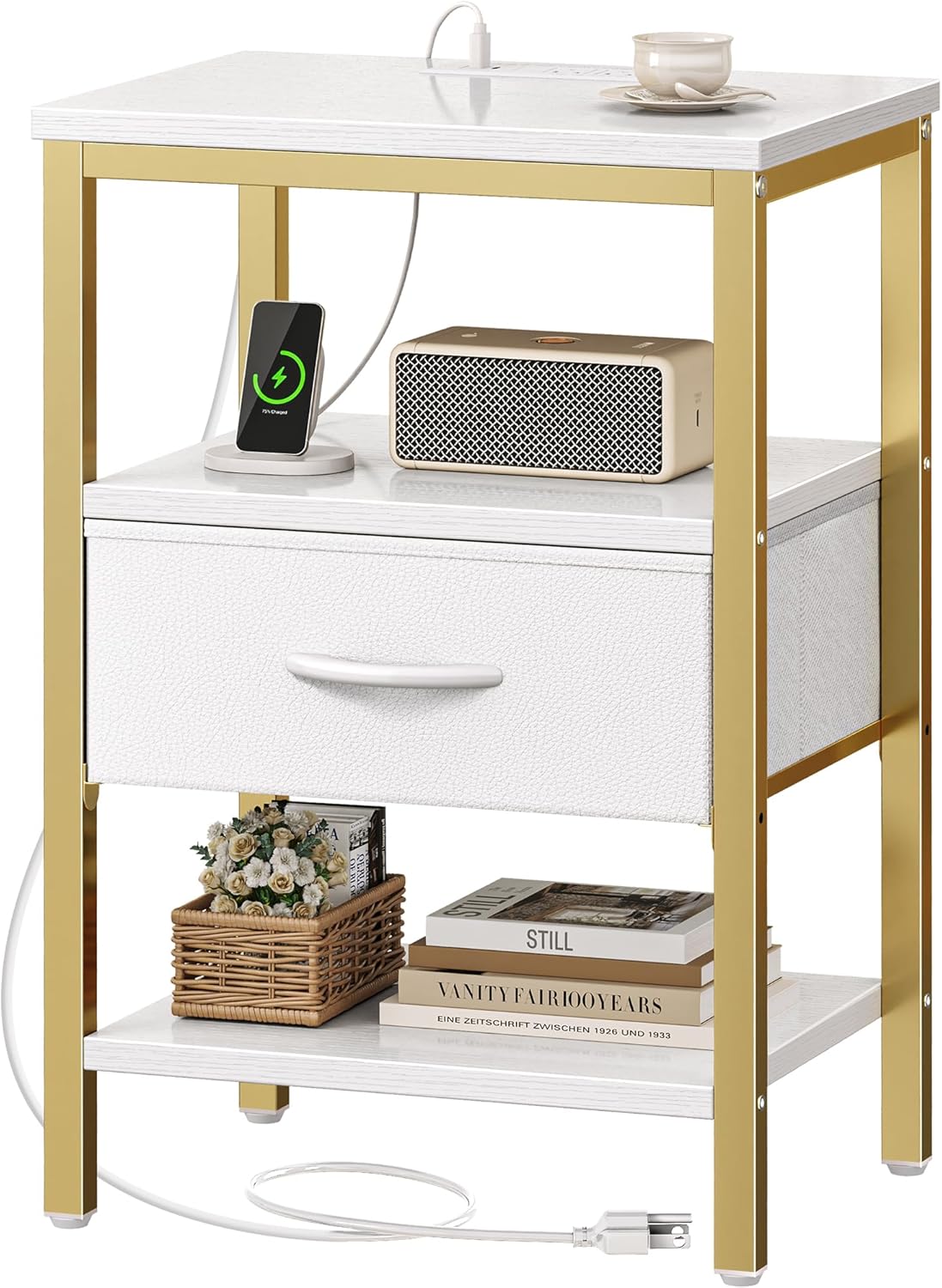 SUPERJARE Nightstand with Charging Station for Bedroom Use