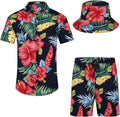 Men's Flower Hawaiian Short Set with Bucket Hat - Casual Beachwear