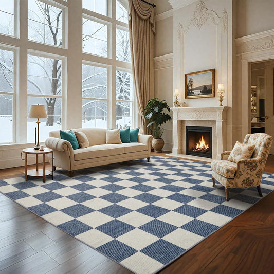 Washable 8x10 Checkered Rug for Living Room and Bedroom
