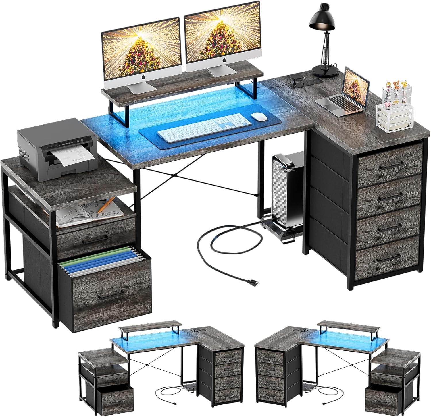 Reversible L-Shaped Gaming Desk with RGB LED Light