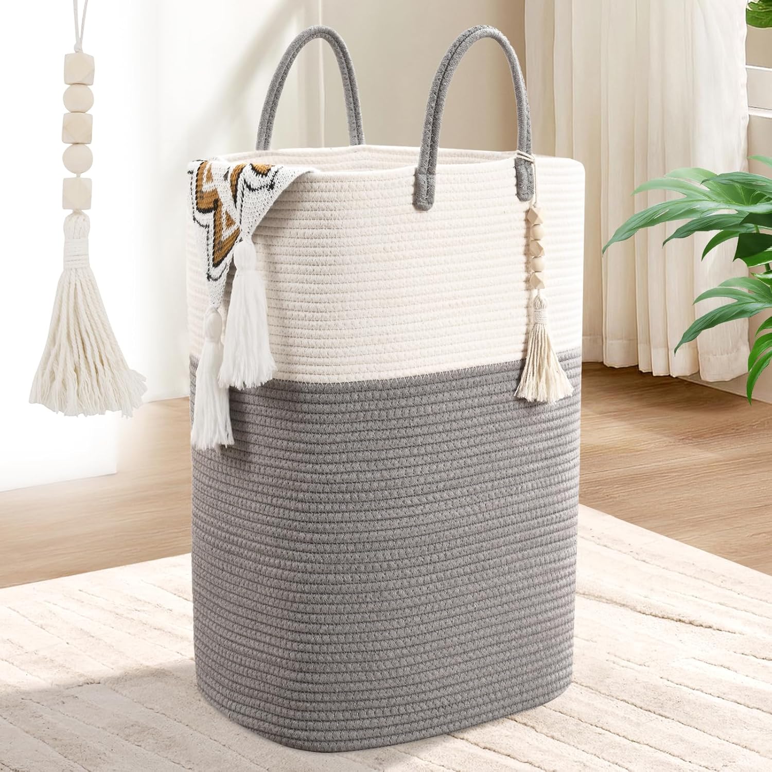 Woven Laundry Basket for Clothes with Beads Tassel - 100L