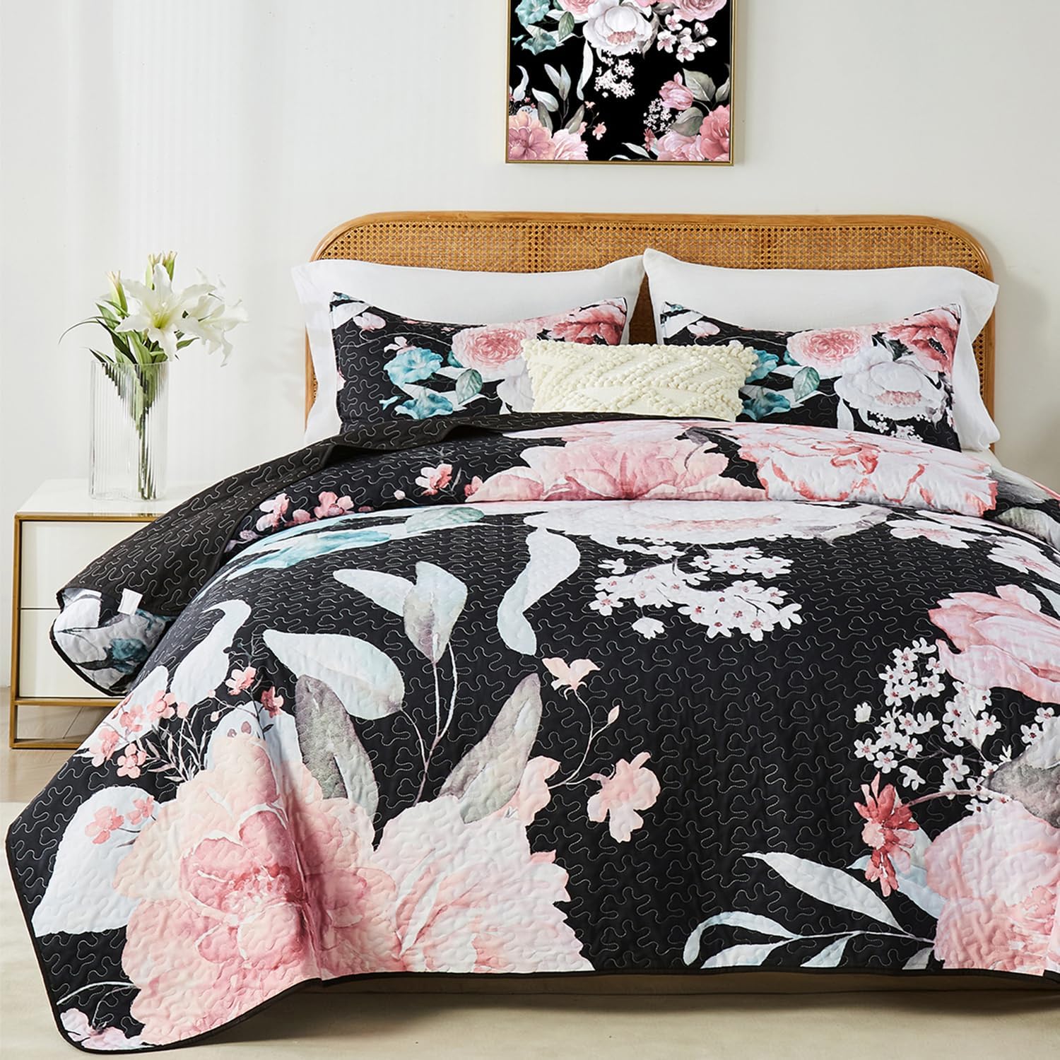 Yogeneg King Size Quilt Set with Pink Floral Botanical Design