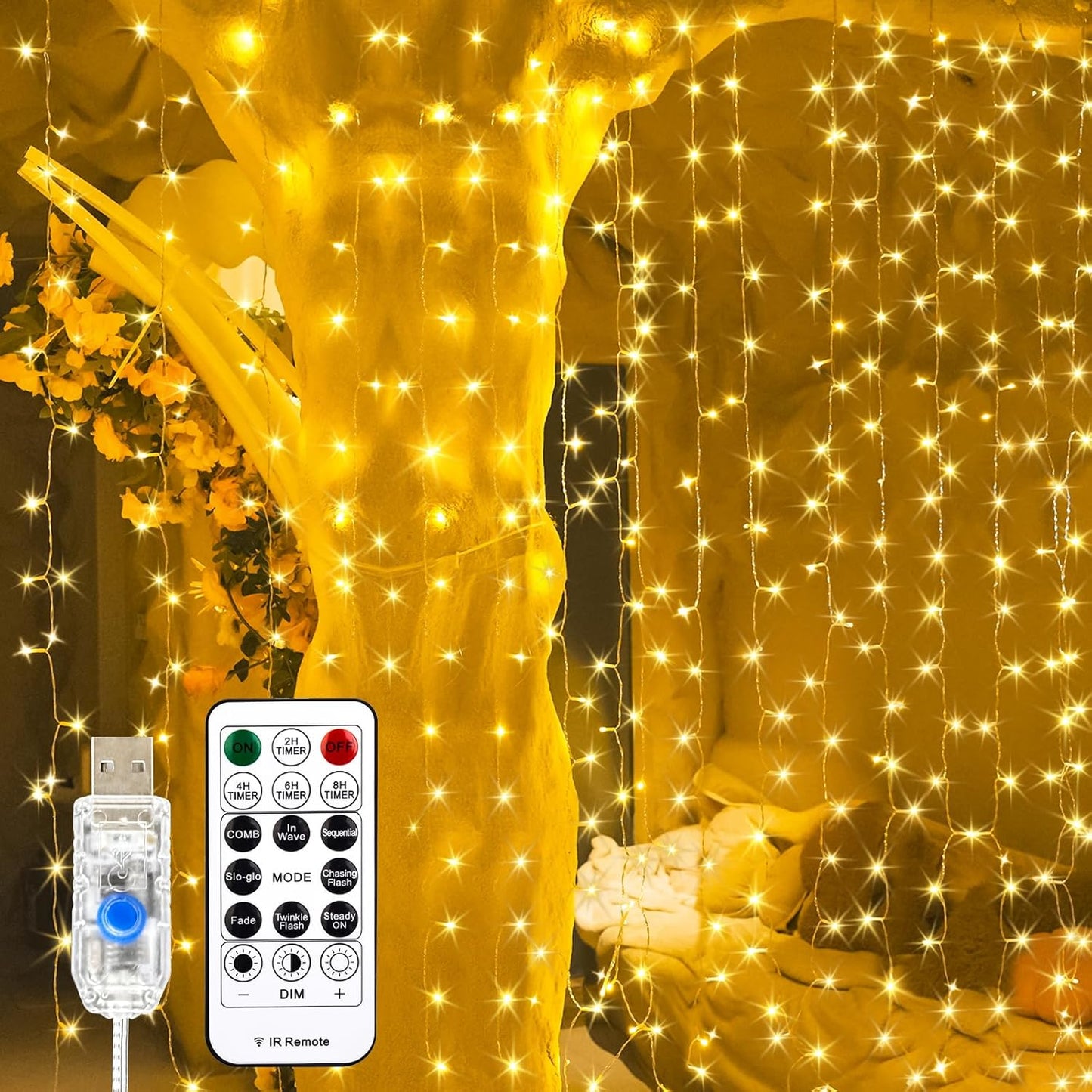 SINAMER 200LED Curtain Light - Cozy Bedroom Ambiance