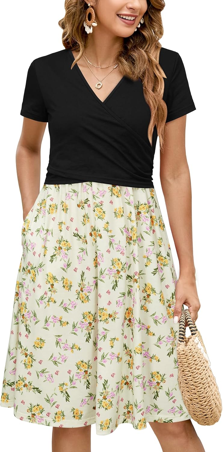 OUGES Women's V Neck Midi Dress with Pockets for Maternity