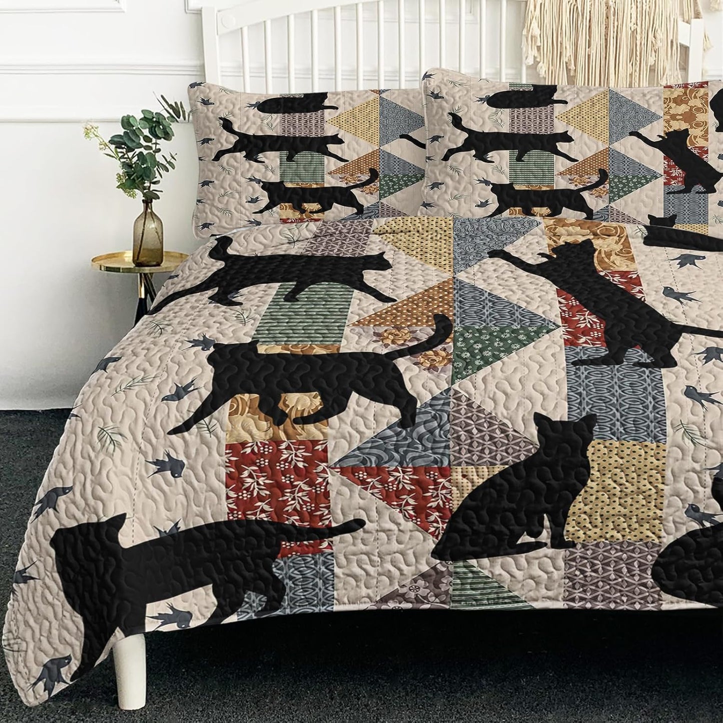 BlessLiving Black Cat Quilt Set for Cozy Bedroom Decor
