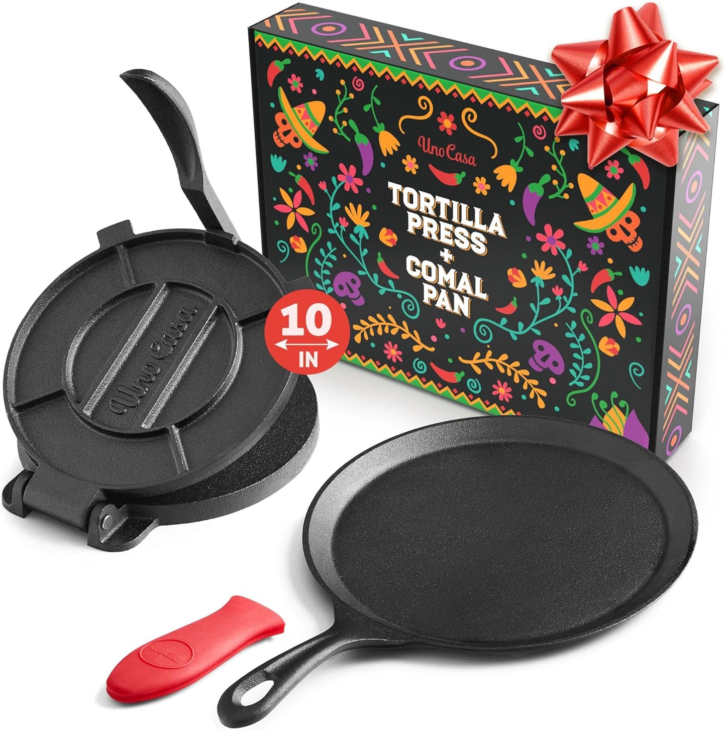 Uno Casa 10 Inch Cast Iron Tortilla Press & Comal Pan Bundle