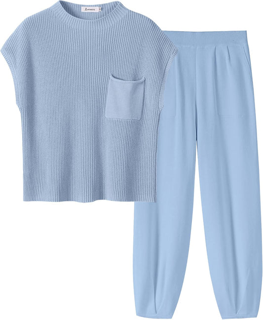 Stylish Women's Two Piece Outfits Knit Sweater Vest Crop Top Pants