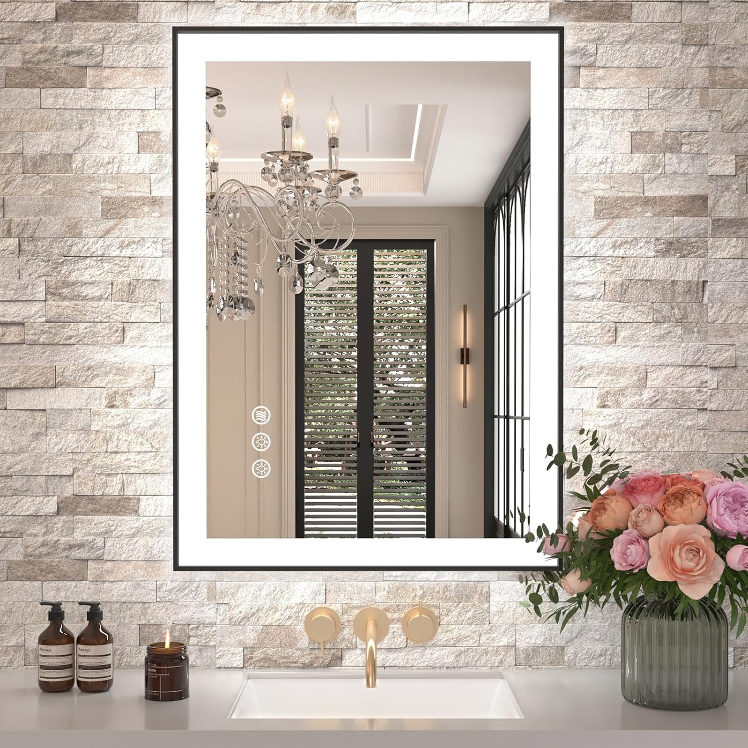 Amorho 20x28 LED Bathroom Mirror with Black Frame and Lights