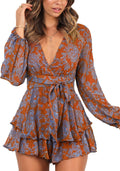 Floral Print Romper V Neck Long Sleeve Ruffle Hem Shorts Jumpsuit