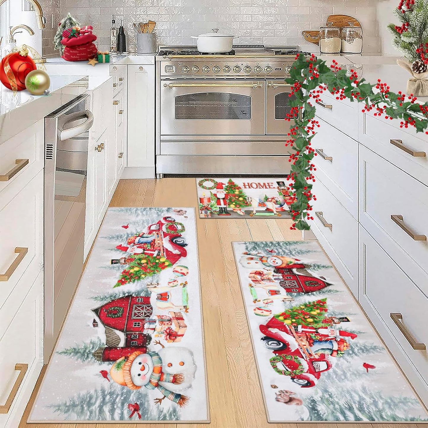 Ileading Christmas Kitchen Rugs Set of 3 for Winter Decor