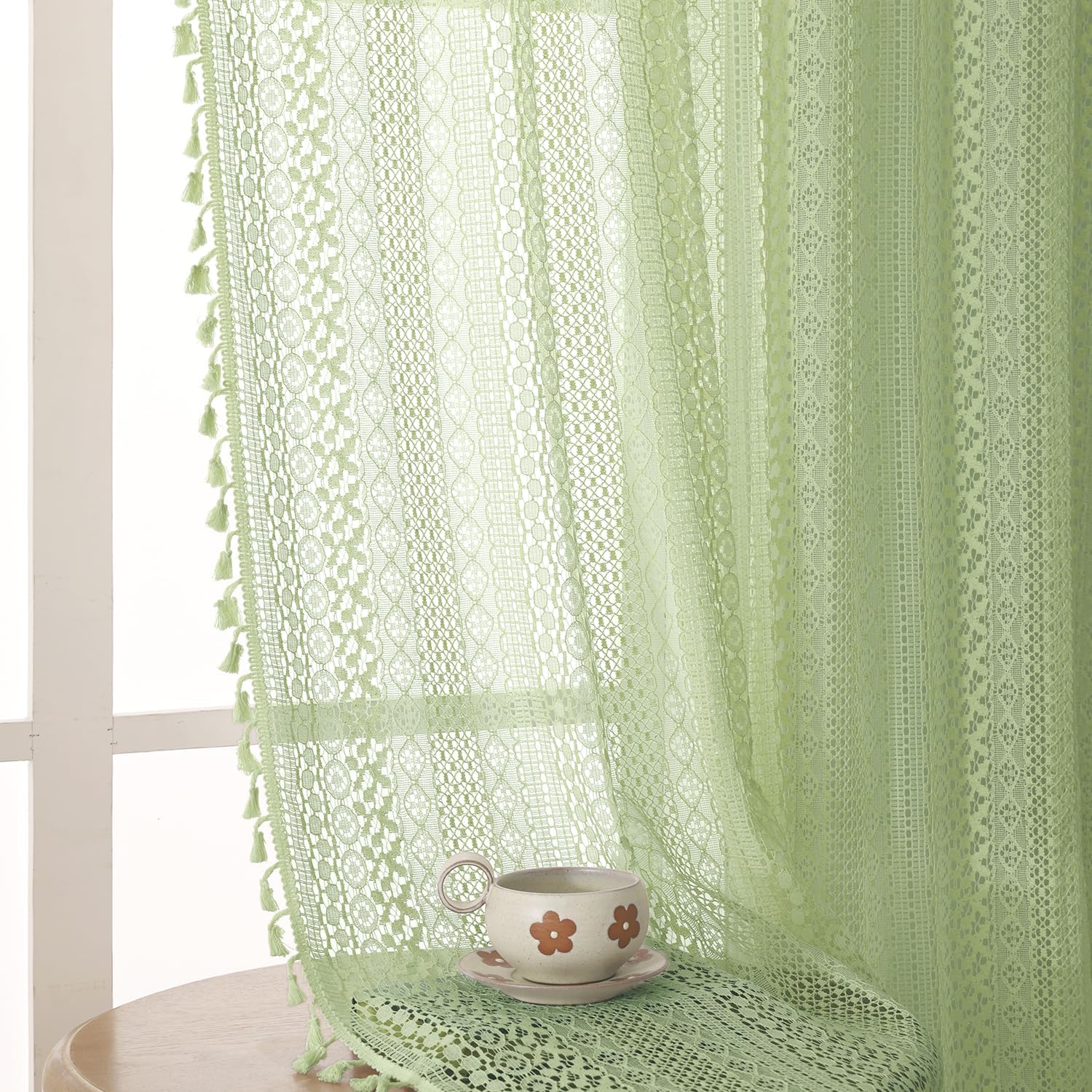 Green Lace Curtains by WAZZIO - Boho Chic 84 Inch Drapes