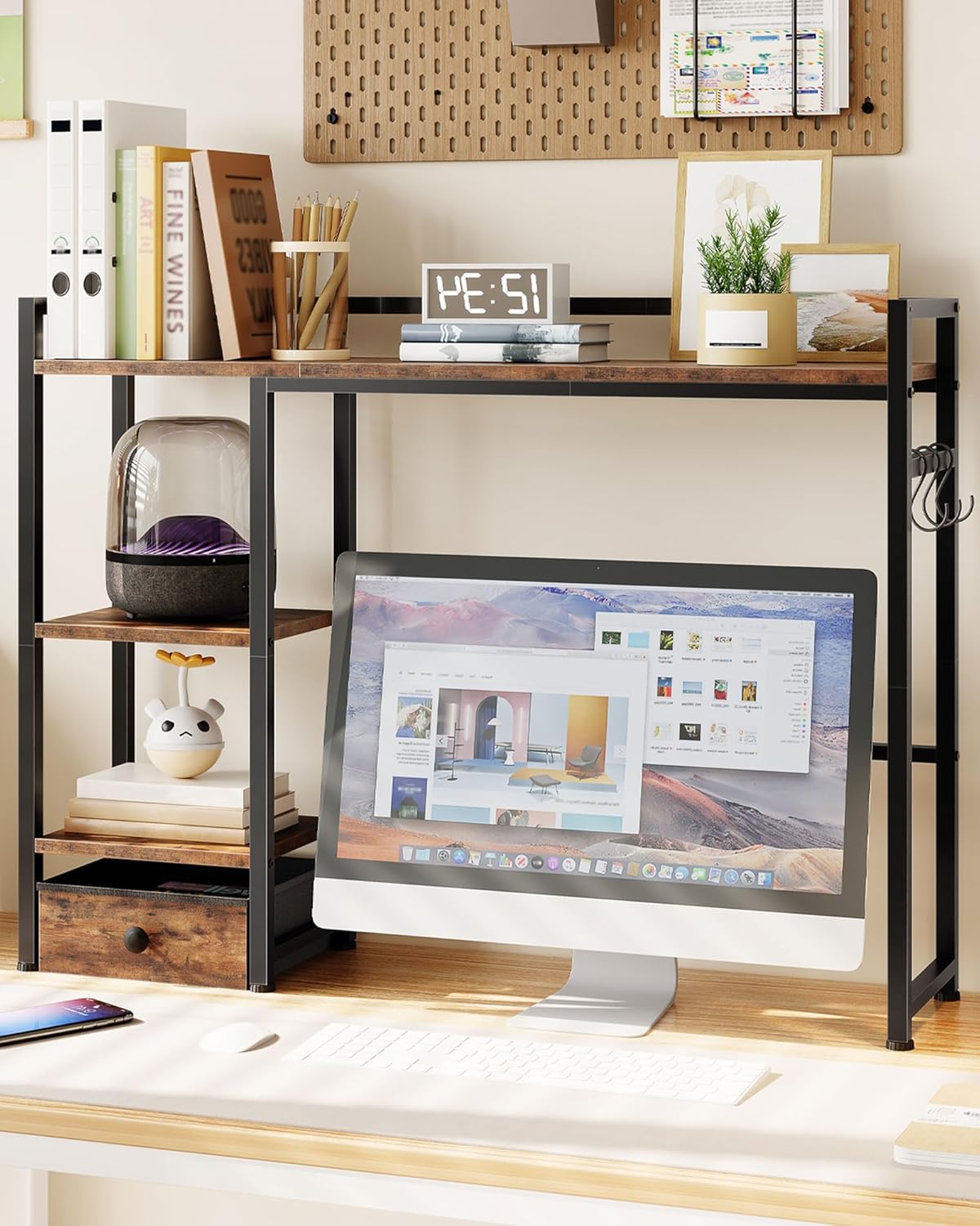 Rustic Brown Desk Shelf Organizer with Drawer and Hooks