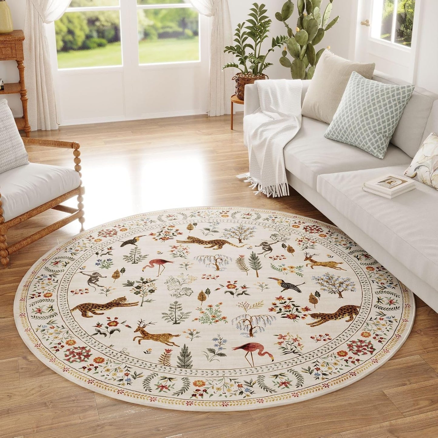 Rugcomf Round Rug 4ft Washable Non Slip Boho Floral Design