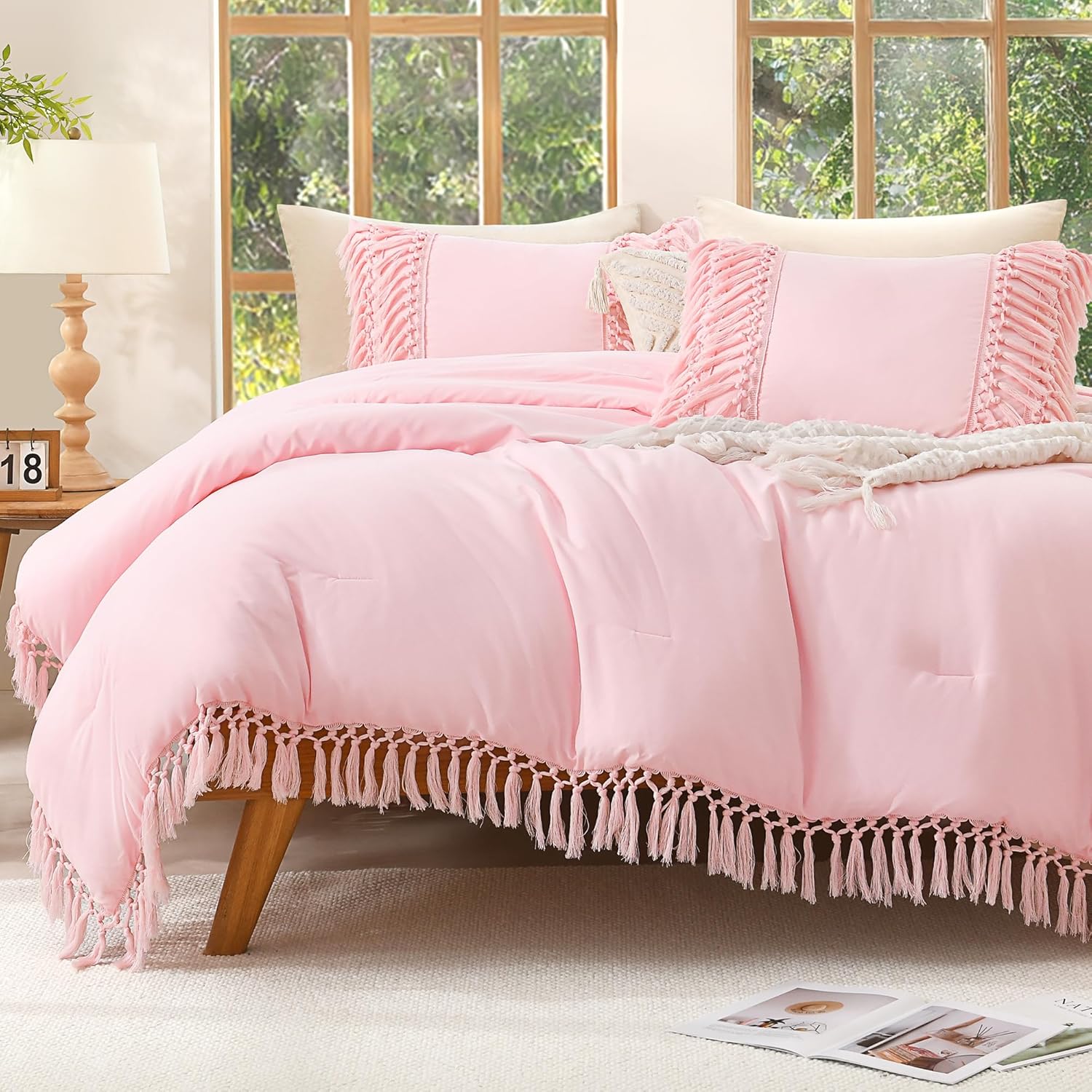 Andency Queen Comforter Set Light Pink with Boho Tassels