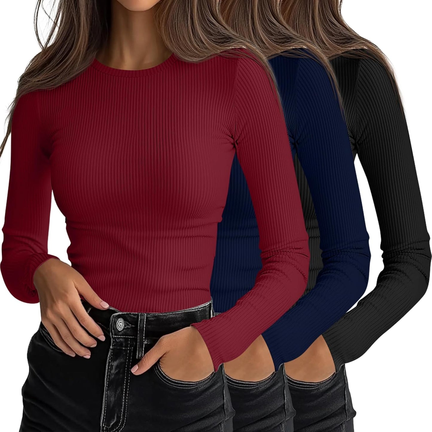 Ficerd Women's Ribbed Long Sleeve Tops for Casual Layering