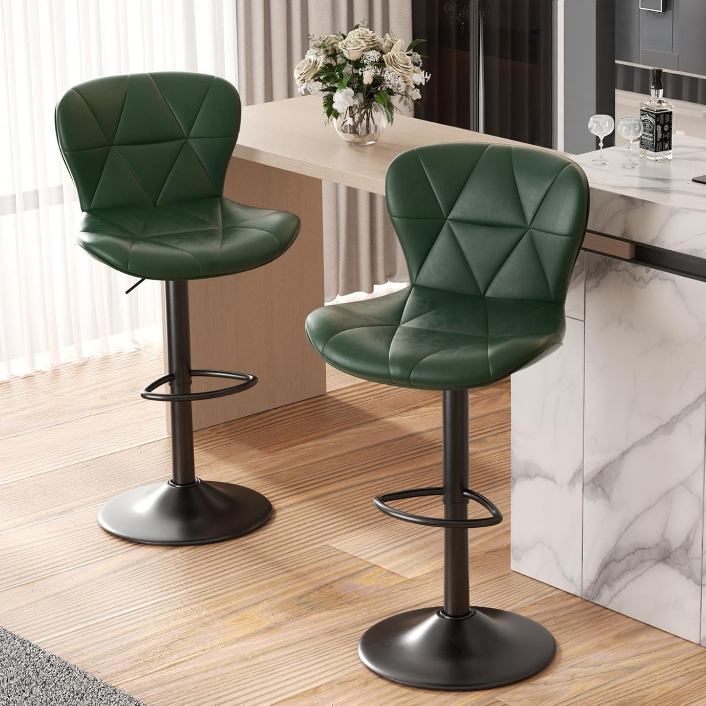 Modern Adjustable Faux Leather Bar Stools Set of 2 for Kitchen