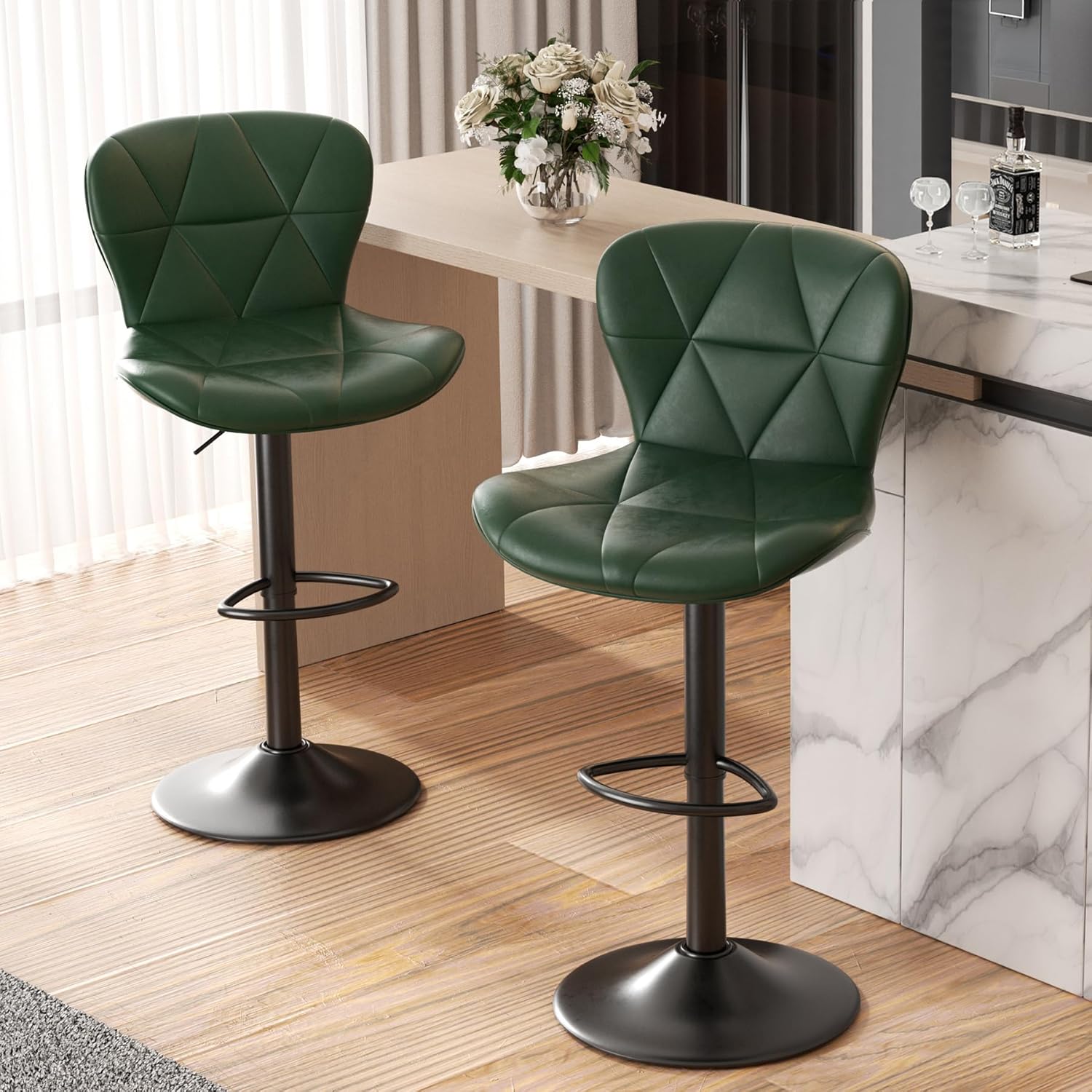 Modern Adjustable Faux Leather Bar Stools Set of 2 for Kitchen