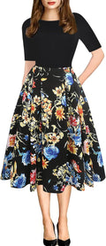 Women's Vintage Patchwork Puffy Swing Dress - Classic Pocketed Midi it