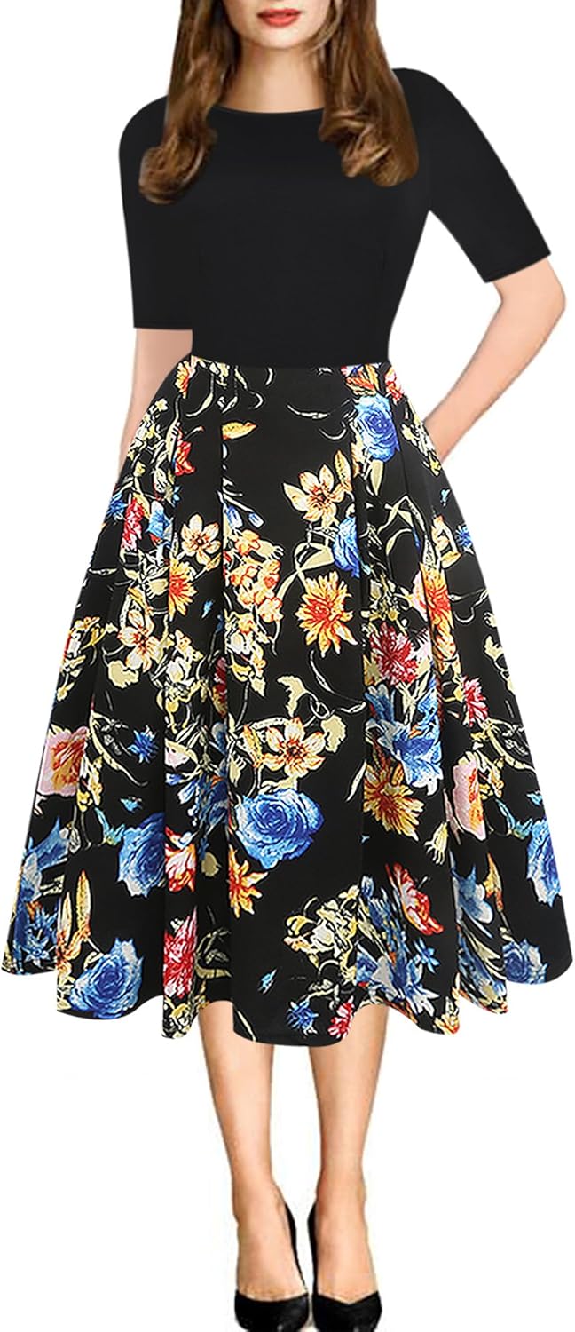 Oxiuly Women's Vintage Patchwork Pockets Casual Party Dress