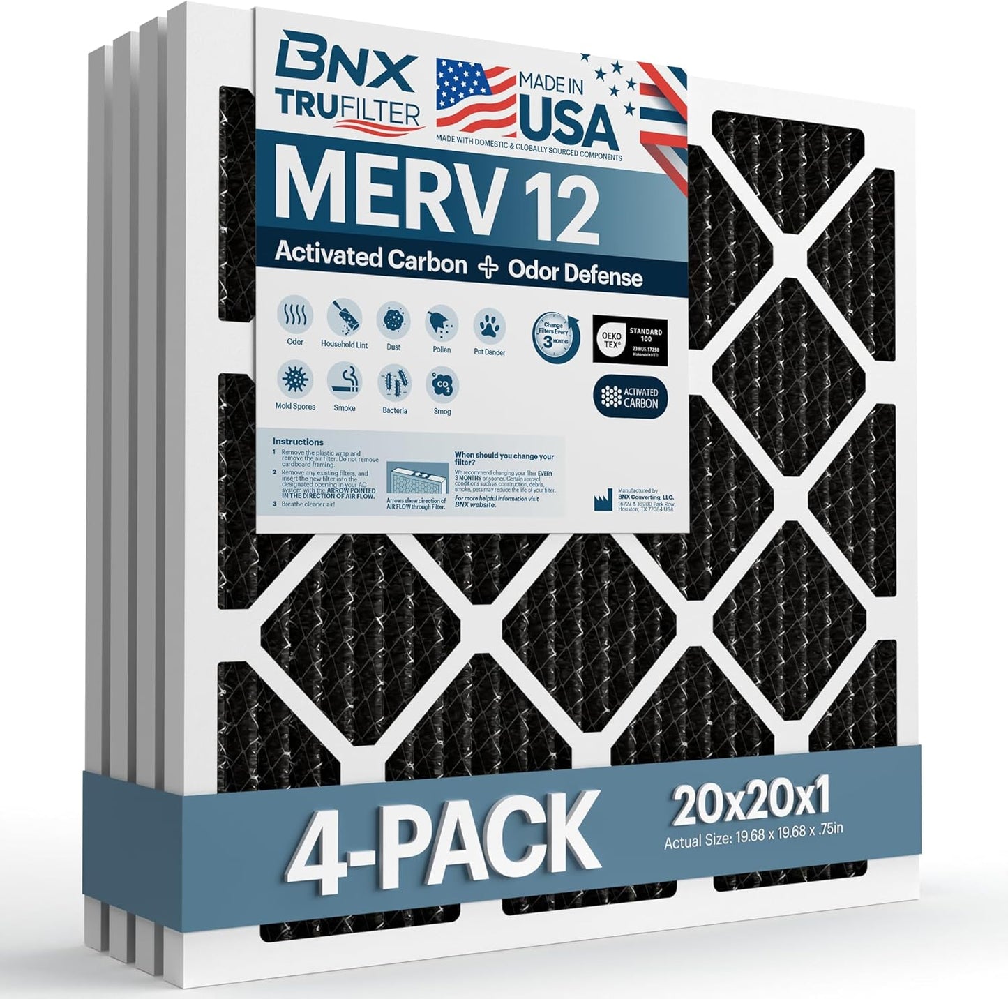 BNX TruFilter 20x20x1 MERV 12 Odor Defense Air Filters
