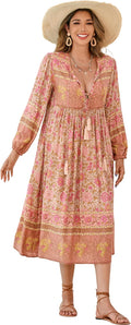 Women's Long Sleeve Floral Retro V Neck Tassel Boho Midi Dress
