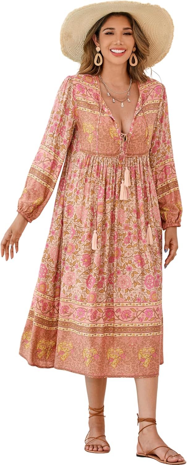 R.Vivimos Women's Long Sleeve Floral Print Bohemian Midi Dress