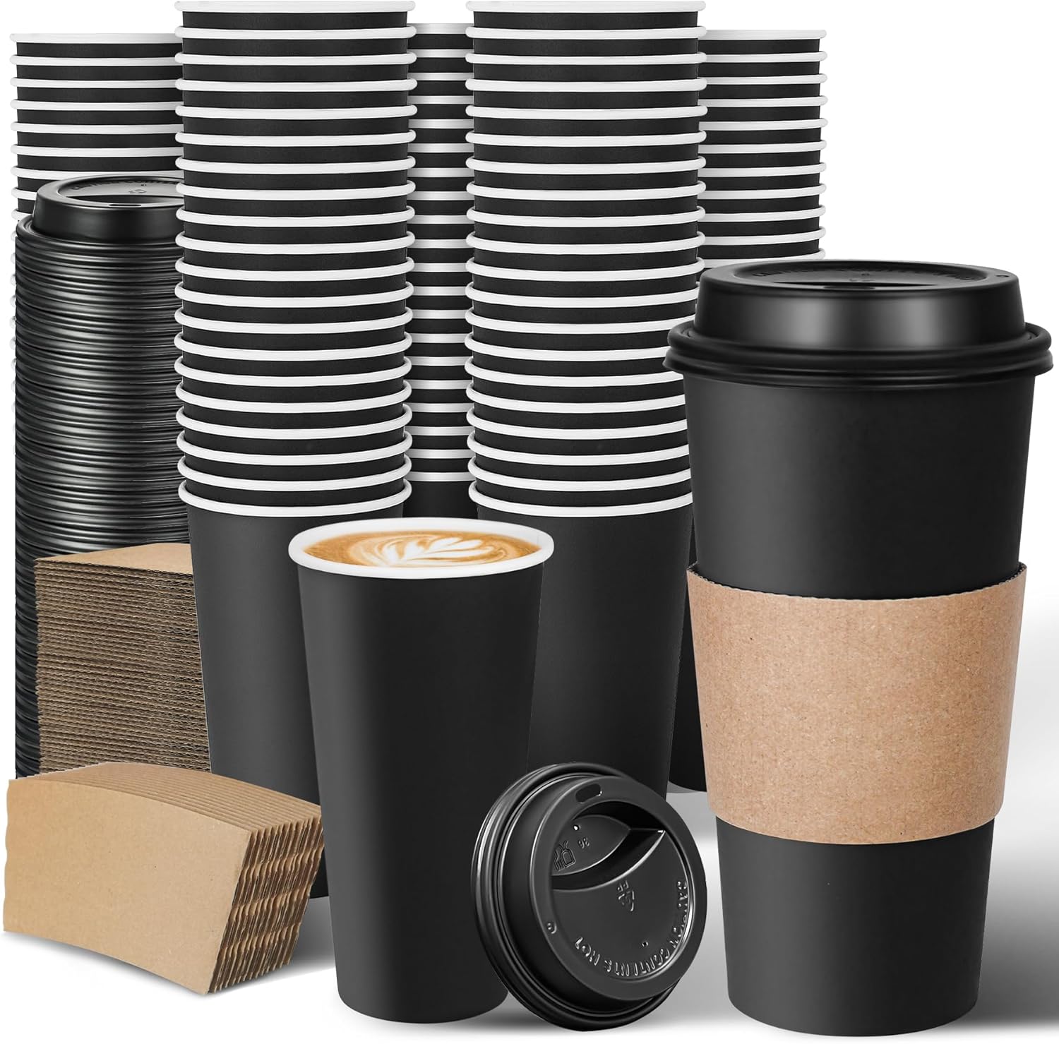 Ginkgo 100 Pack 20 oz Disposable Coffee Cups with Lids and Sleeves