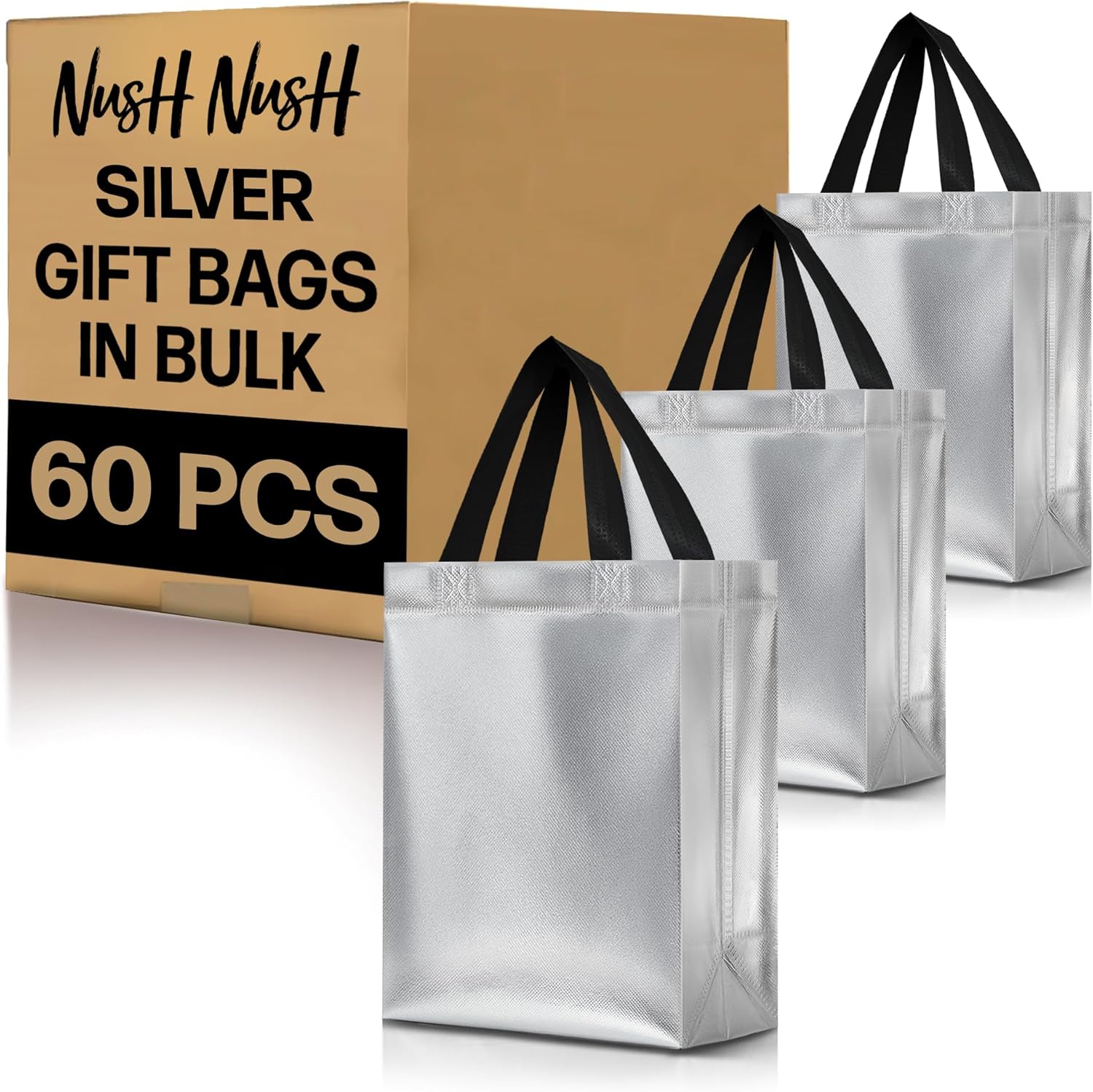 Nush Nush Silver Gift Bags Bulk - Reusable Medium Size Set