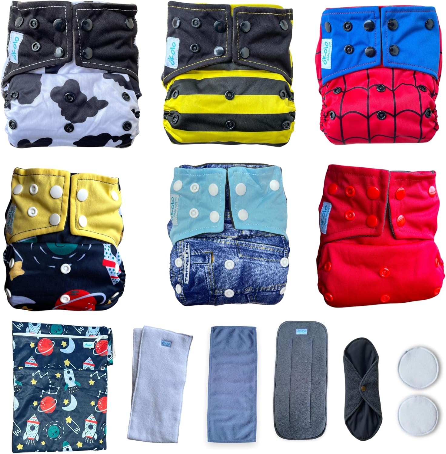 OKOLO Premium Cloth Diapers 6-Pack - Eco-Friendly All-in-One Newborn to Size 5